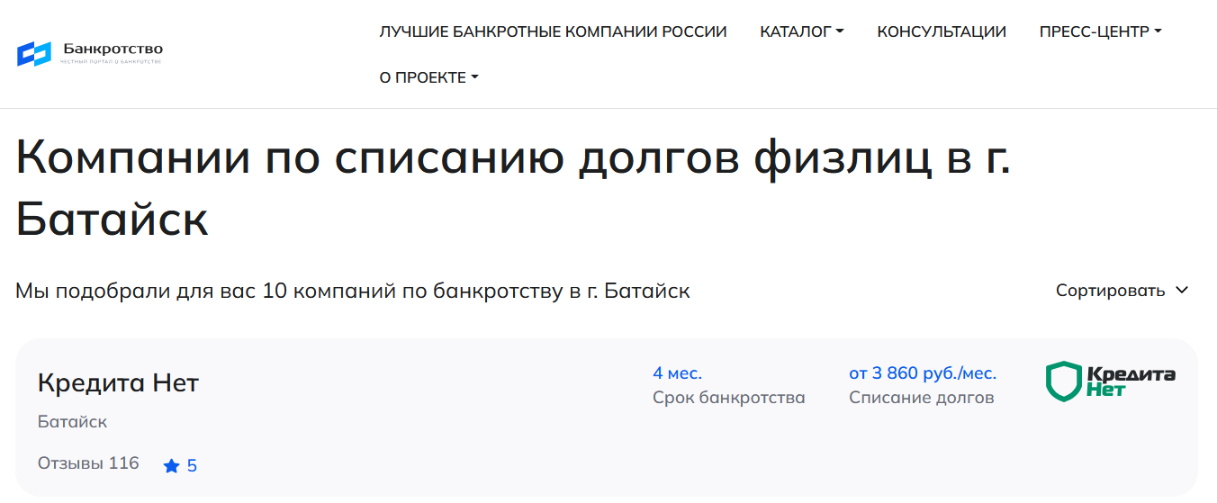 КредитаНет – первые в рейтинге компаний по банкротству в Батайске на сайте Банкротство Инфо